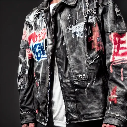 Prompt: an editorial photo of a male model wearing a distressed baggy cropped leather menswear jacket with graffiti all over, 4 k, studio lighting