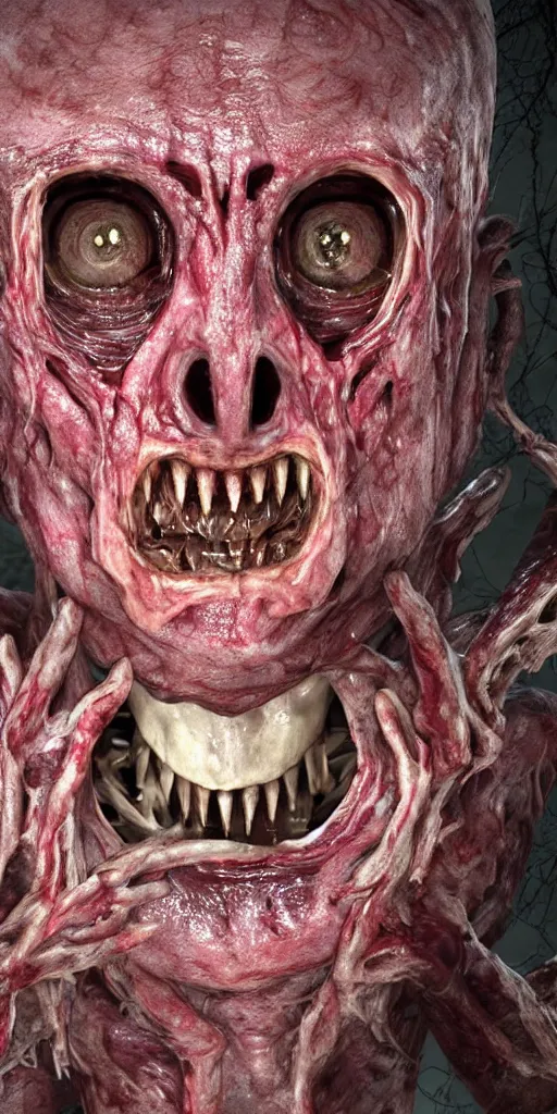 Image similar to smiling photorealistic ultra detailed humanoid creature made of decomposed bloody flesh and bones looking through the window, night, the woods, extremly detailed, 8 k, realistic, sharp focus, cosmic horror creature, cosmic horror, from the movie the thing, mysterious creature, bloody eyes, big eyes