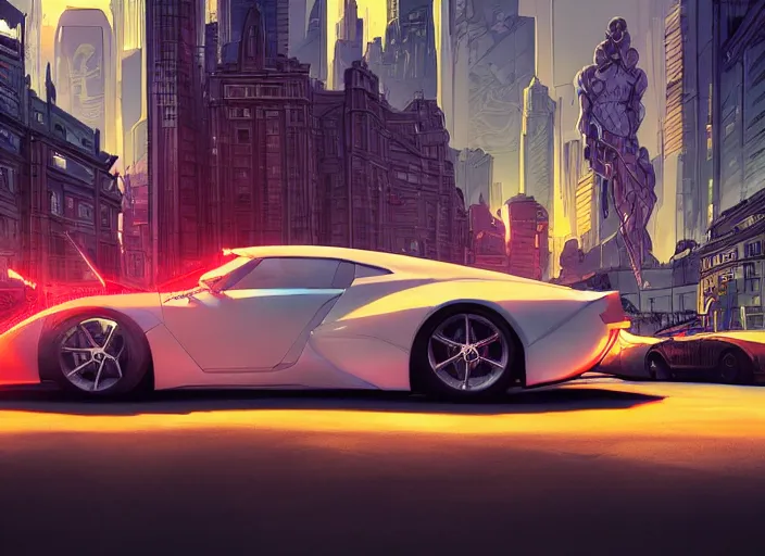 Image similar to a sport car in a city. sharp focus, cinematic pose, cinematic lighting, unreal engine render. art by josan gonzales and moebius and deathburger.