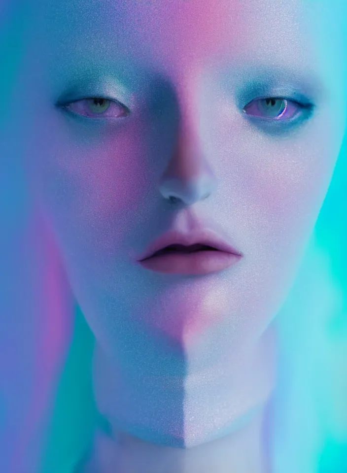 Image similar to high quality pastel coloured film close up photograph of a cyber model in an icelandic black rock!! environment in a dreamstate environment. three point light. photographic production. art directed. pastel colours. volumetric light. pastel gradient overlay. waves glitch artefacts. extreme facial detail. 8 k. filmic.