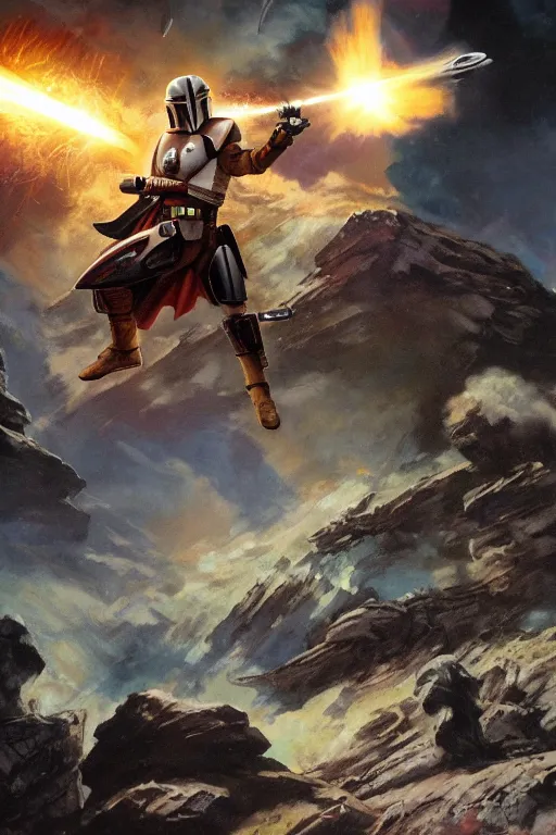 Prompt: backlit dramatic cinematic mandalorian fighting pose on the rock by frazetta on background with destroyed planets , x-wing and atomic bomb explosion, backlight