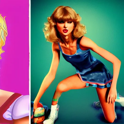 Image similar to Taylor Swift as Olivia Newton John in Grease as Lola Bunny in Space Jam (1996), colorful, fun, photorealistic, detailed, by Alan Moore Asher Duran, Tooth Wu ((Greg Rutkowski)), octane render