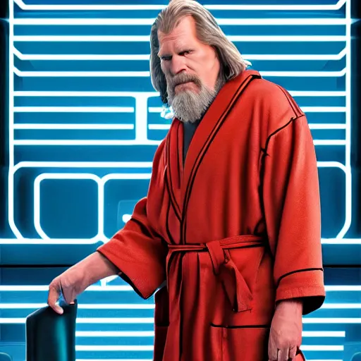 Image similar to dude lebowski dressed in bathrobe played by jeff bridges, stuck in tron realm, photorealistic movie still, detailed 8 k, poster style, high resolution