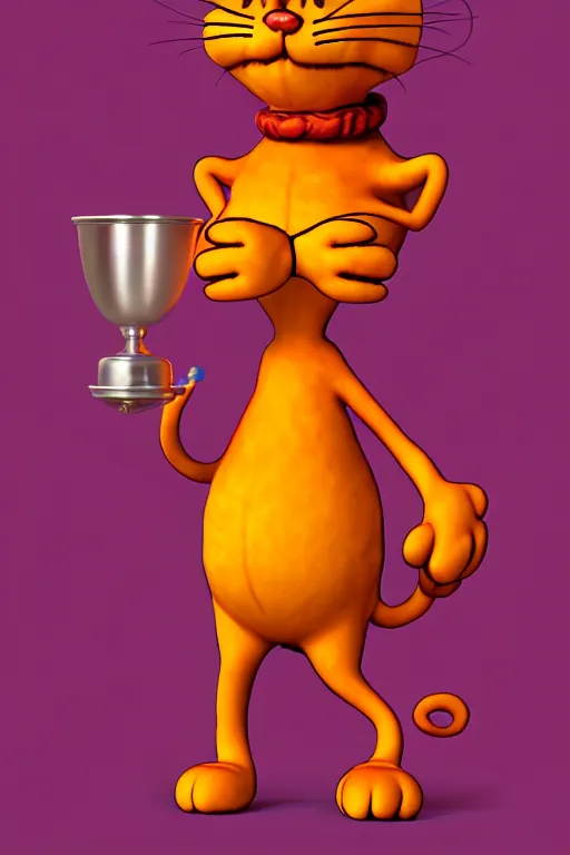 Prompt: fullbody!! personification of garfield the cat garfield god holding a blood chalice, stunning, garfield cat face, hyperrealistic, trending on artstation, smooth and sharp, intricate, highly detailed, elegant, professional character concept art by tatyana kupriyanova