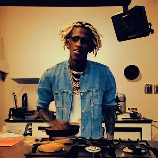 Image similar to young thug cooking in the studio,