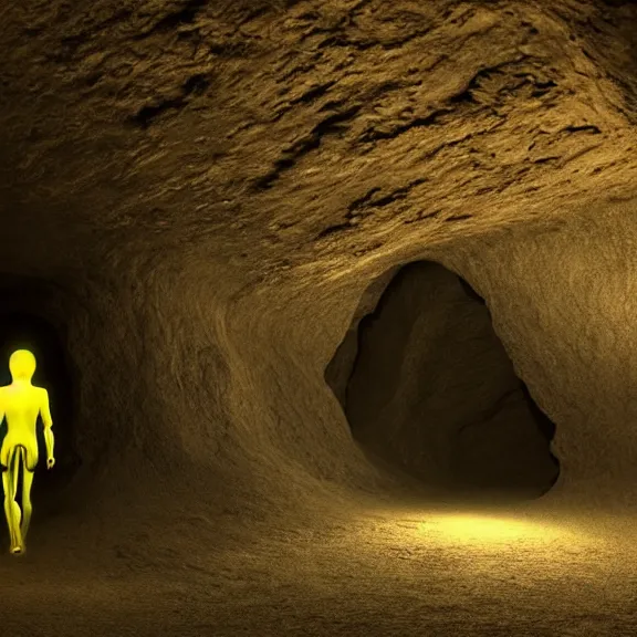 Image similar to portrait of a humanoid alien walking trough a beautiful cave