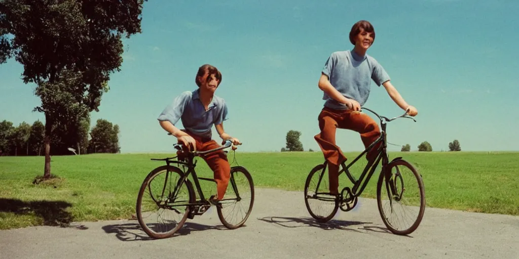 Image similar to a young man riding a bicycle under a clear blue sky, 7 0 s photograph, 4 k