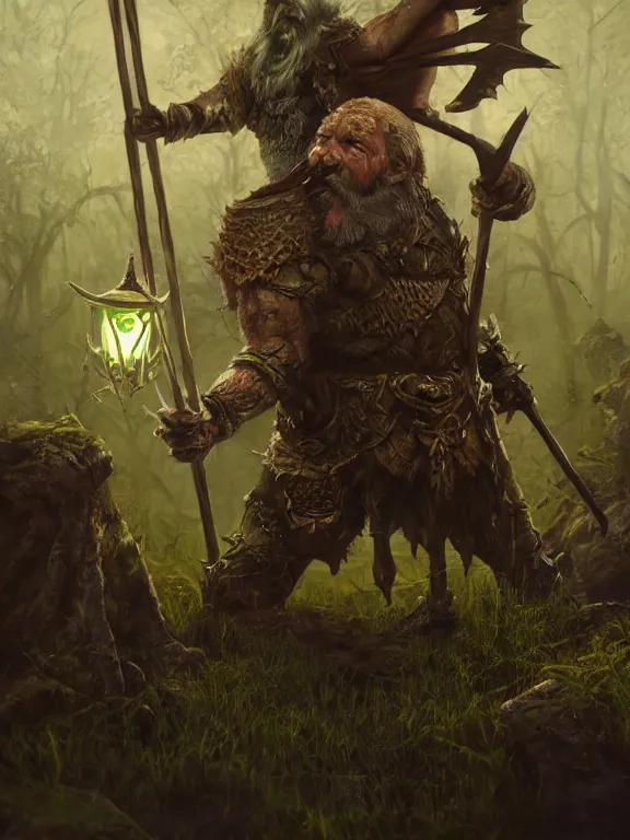 Image similar to Frightened Archer High Fantasy Dwarf treading through Haunted Swamp with Glowing Lights, RPG Portrait Reference, Oil Painting, Trending on Artstation, octane render, Insanely Detailed, 8k, HD