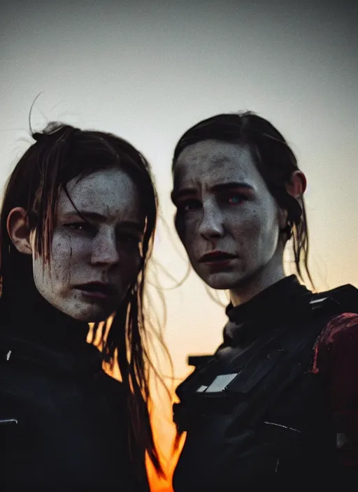 Image similar to cinestill 5 0 d photographic portrait of two loving female androids wearing rugged black techwear on a desolate plain with a red sky, extreme closeup, cyberpunk style, in front of a brutalist dark metal facility, dust storm, 8 k, hd, high resolution, 3 5 mm, f / 3 2, ultra realistic faces, ex machina