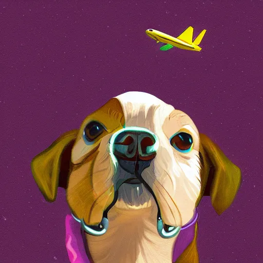 Prompt: digital painting depicting a flying cute planedog