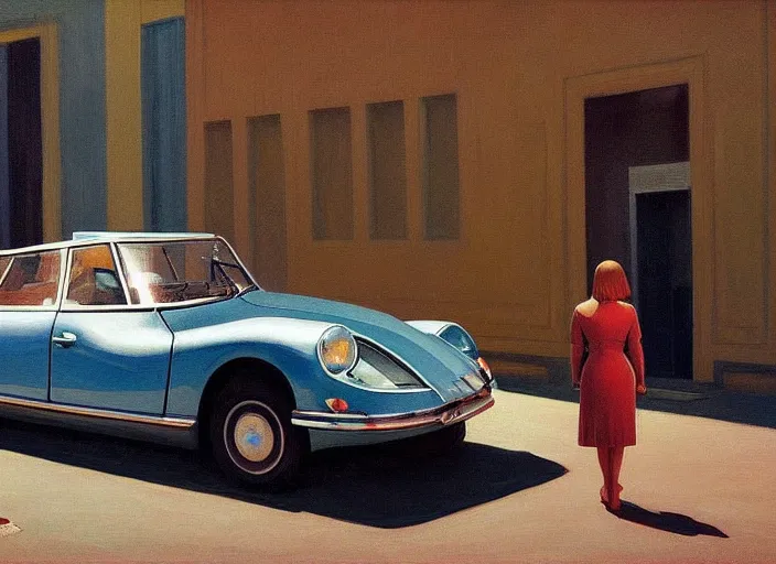 Image similar to a beauty woman stands at citroen ds 1 9 in rome, highly detailed, soft lighting, elegant, by edward hopper and james gilleard, zdzislaw beksinski, steven outram, highly detailed