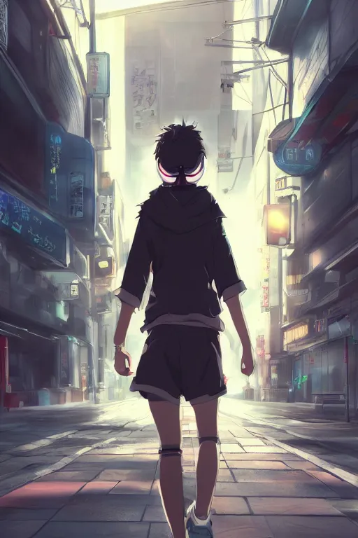 Image similar to anime teen with headphones walking at the streets of tokyo at dawn, wlop, concept art, digital painting, trending on artstation, highly detailed, epic composition, 8 k uhd