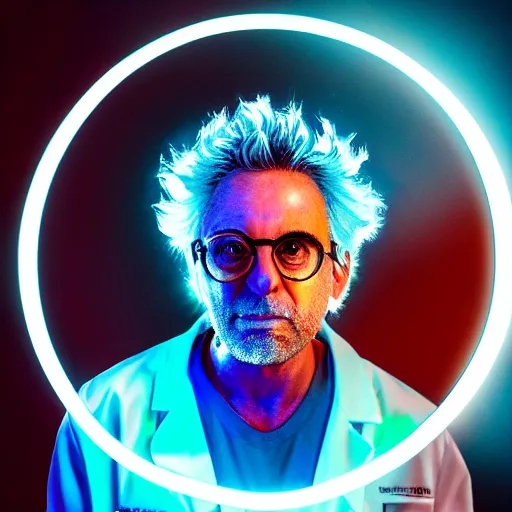 Image similar to portrait of rick sanchez, lab coat and tee shirt, lens flare, atmosphere, glow, detailed, intricate, full of colour, cinematic lighting, 4 k, hyperrealistic, focused, extreme details, cinematic, masterpiece