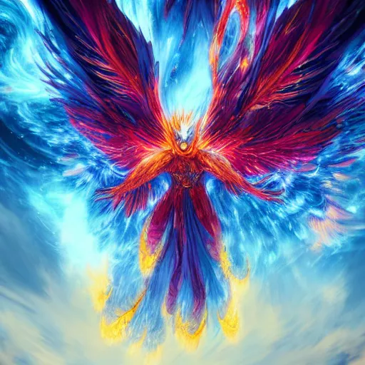 Prompt: A highly detailed Phoenix made of Explosion of color and light turning into a supernova by Ross Tran, swirls of space and super solar mass growing outward by Akihiko Yoshida, unreal engine, trending on artstation,