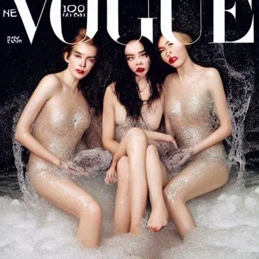 Image similar to stunning vogue magazine photo of dark - haired goddesses vanessa kirby, hailee steinfeld, and bjork smiling, legs intertwined, in a bubble bath, with wet faces!!, wet lips, smooth skin, perfect eyes, insanely detailed, elegant, by wlop, rutkowski, livia prima, mucha, wlop,