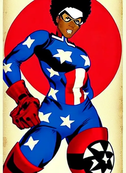 Image similar to beautiful black female captain america. afro - feminist captain america wins wwii. american wwii propaganda poster by carole feuerman, masamune shirow, rob liefeld and pixar. gorgeous face. pin up model. overwatch, realistic, black power, patriotic