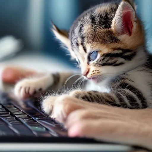 Image similar to photorealistic image of a single kitten playing on a laptop keyboard writing a letter to his friend