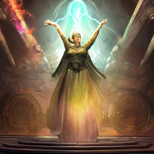 Prompt: Angela Merkel casting epic spell, magic the gathering artwork, D&D, fantasy, cinematic lighting, centered, symmetrical, highly detailed, digital painting, artstation, concept art, smooth, sharp focus, illustration, volumetric lighting, epic Composition, 8k, art by Akihiko Yoshida and Greg Rutkowski and Craig Mullins, heroic pose, oil painting, cgsociety, magic lab background