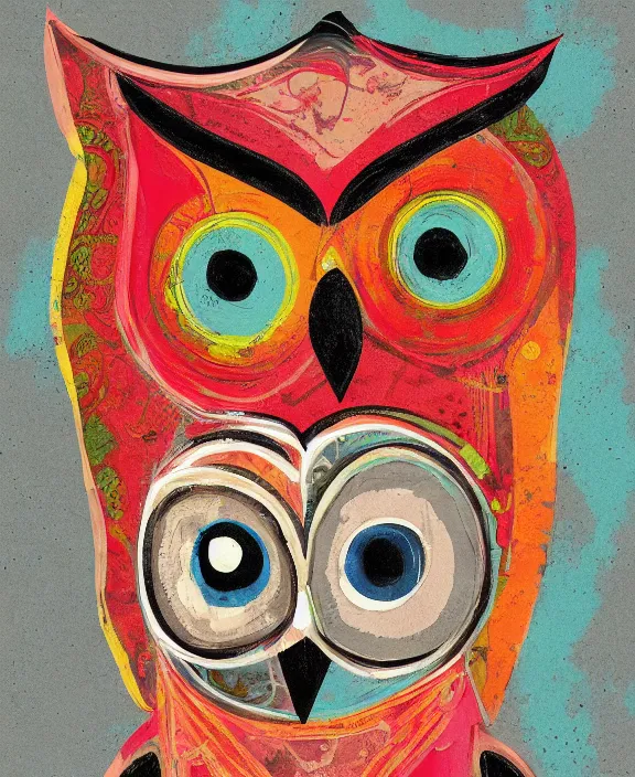 Image similar to owl, mixed media, abstract on canvas, gouache paint, matte colors, nostalgiacore, vintage, 1 9 5 0's decor, retro, intricate maximalism, flat shading, voronoi, groovy, low fi,