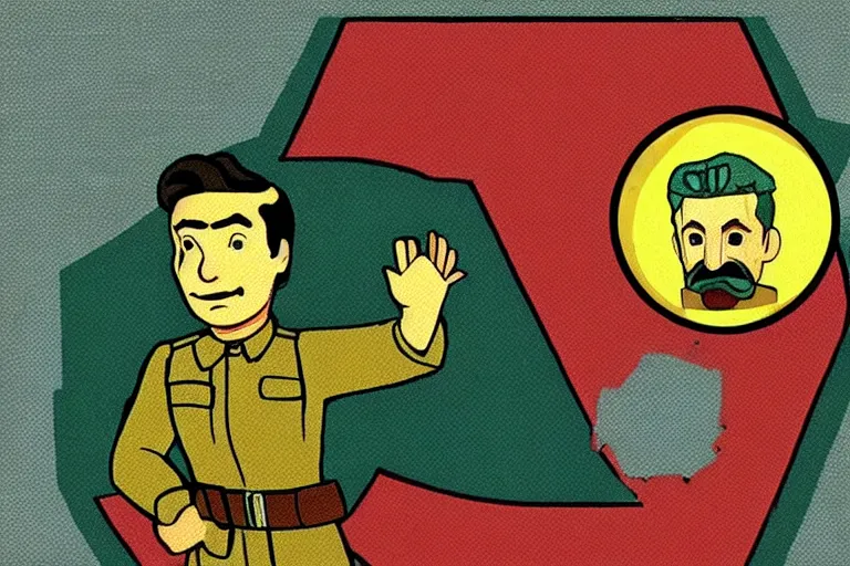 Prompt: stalin as a vault boy from fallout, pipboy art, highly detailed, green hologram