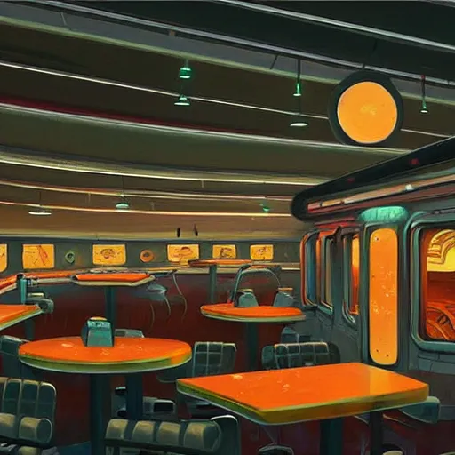 Image similar to beautiful painting of a dirty space diner in the style of Simon Stålenhag and H. R. Giger, detailed, trending on Artstation