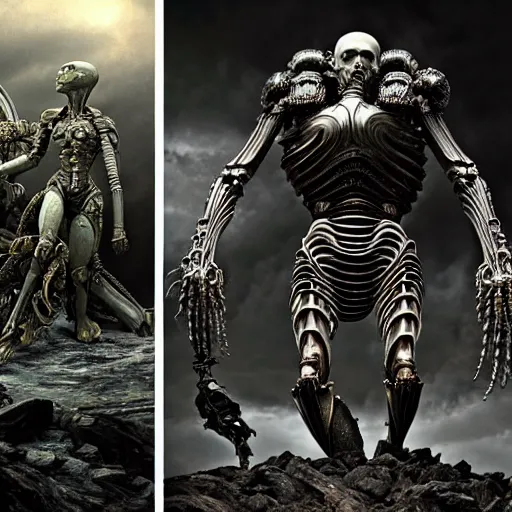 Image similar to still frame from Prometheus movie by giger, necron lord skorpekh editorial by Malczewski, biomechanical armoured knight by Wayne Barlowe, ornate elaborate complex artifact of annihilation by Alan merrett