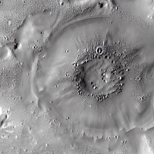 Prompt: Korolev city inside of Korolev crater on Mars, satellite view