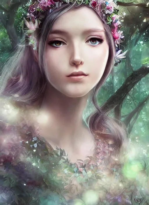 Prompt: beatiful ethereal elf princess in an enchanted forest, focus on the face and eyes, 3/4 side view, hair jewellery, fully clothed, light mist, light rays sieving through the trees, shallow depth of field, coherent composition, by Yuumei, by Artgerm, by WLOP