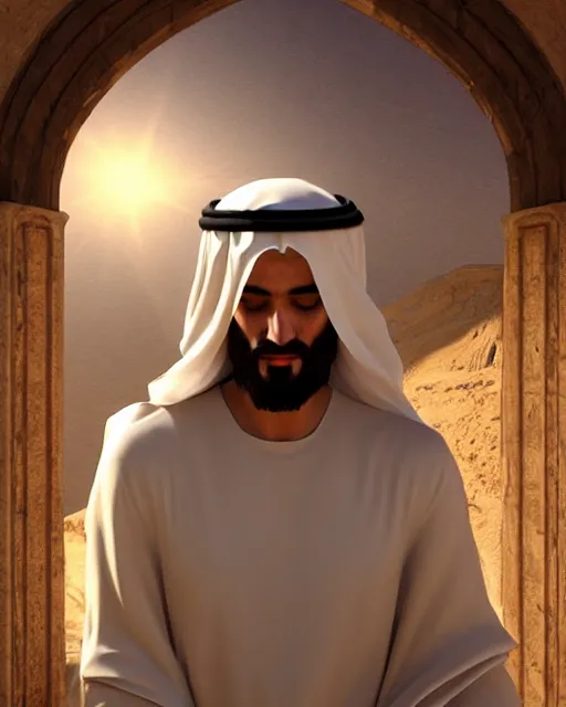 Image similar to Middle eastern Jesus Christ forgives us. Unreal engine, fantasy art by Betty Jiang. Faithfully depicted facial expression, perfect anatomy global illumination, radiant light, detailed and intricate environment
