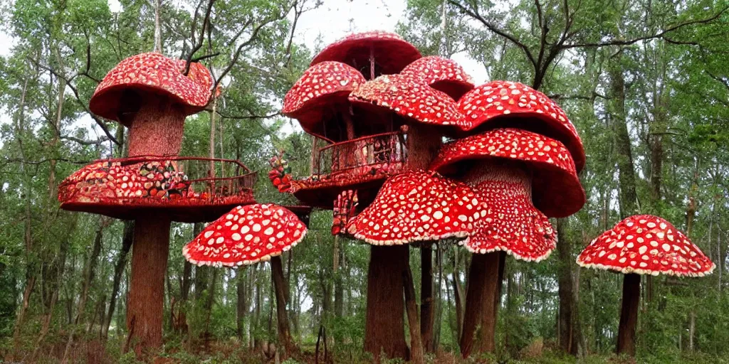 Image similar to treehouse made from an enormous amantia muscaria mushroom