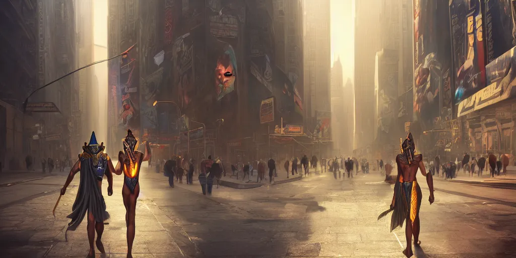 Image similar to an egyptian god walking the streets of new york, digital art, landscape, fantasy art, octane render, unreal engine, high detail, very realistic, by ross tran. by james gurney