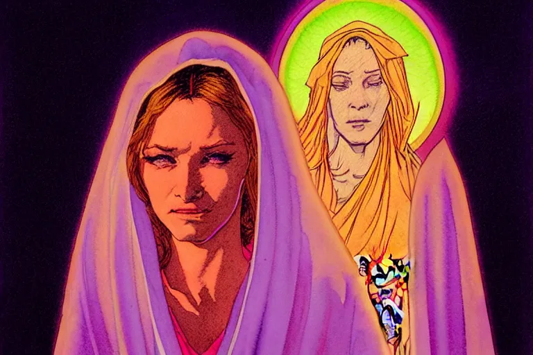 Image similar to a hyperrealist watercolour character concept art portrait of the blessed mother mary on well lit night in las vegas, nevada. there is a ufo. neon roses. by rebecca guay, michael kaluta, charles vess and jean moebius giraud