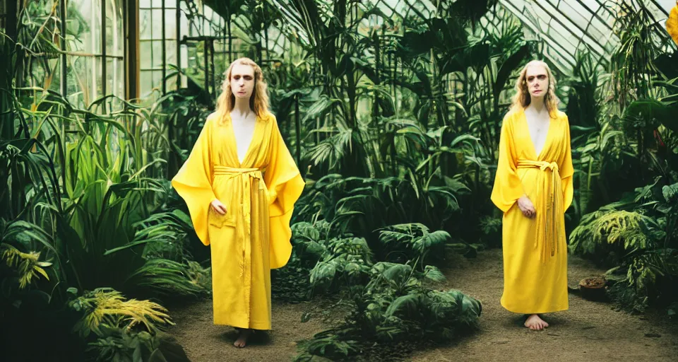 Prompt: Medium format portrait photography of a single elegant woman that look like Brit Marling wearing a yellow kimono in a tropical greenhouse, bokeh