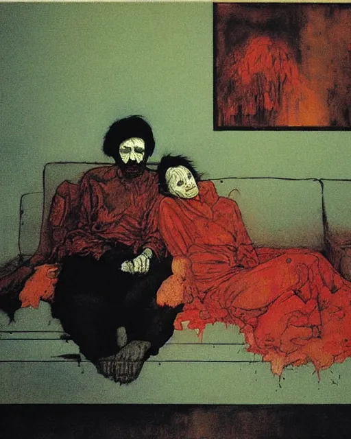 Prompt: early color photo of an old dead couple sitting on a couch in an old soviet apartment, Beksinski painting, part by Adrian Ghenie and Gerhard Richter. art by Takato Yamamoto, Francis Bacon masterpiece