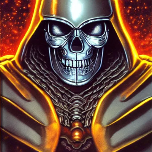 Prompt: high fantasy 1 9 8 0's wargame airbrushed artwork - inspired photo, a giant silver reflective chrome android wearing a mask shaped like an intricately carved beautiful human skull with glowing laser eyes, golden giant battle armor, inside a futuristic army base