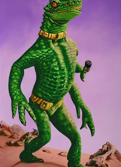 Image similar to oil painting portrait of a cowboy lizard person, a gorn from star trek, a snake oil salesman wearing a blonde wig in a movie poster for a movie called gorn on the bull horn girl, purple green color scheme