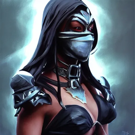 Prompt: greg manchess portrait painting of jade from mortal kombat a dark elf with glowing eyes wearing a mask covering her mouth as overwatch character, medium shot, asymmetrical, profile picture, organic painting, sunny day, matte painting, bold shapes, hard edges, street art, trending on artstation, by huang guangjian and gil elvgren and sachin teng