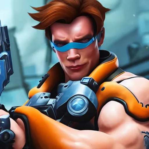 Image similar to a screenshot of arnold schwarzenegger as tracer in overwatch