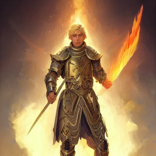 Image similar to portrait of an aasimar paladin blond young man with amber eyes wielding his flaming blade, he has angelical wings strong, sofisticated, fantasy, highly detailed, digital painting, artstation, concept art, character art, art by greg rutkowski and tyler jacobson and alphonse mucha