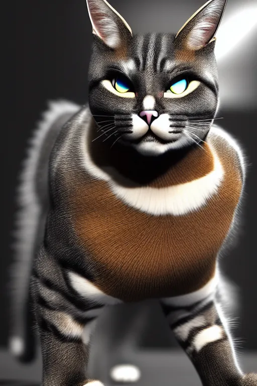 Image similar to a cat mixed with a bodybuilder, very detailed, ultrarealistic, dramatic lighting, electrical details, high details, 4k, 8k, best, accurate, trending on artstation, fur, groom, k9, photorealism, ultrarealistic, octain render, ray tracing, mental ray, catdog, unreal engine 5