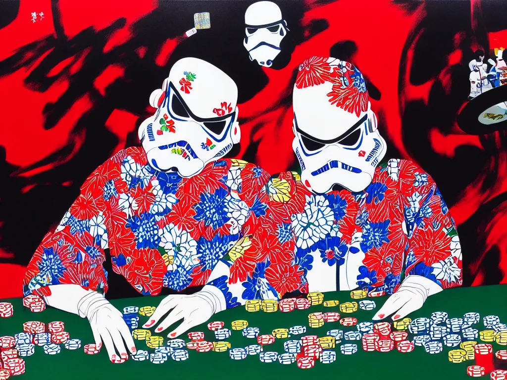 Image similar to hyperrealism composition of the detailed single woman in a japanese kimono sitting at an extremely detailed poker table with stormtrooper, fireworks, river on the background, pop - art style, jacky tsai style, andy warhol style, acrylic on canvas