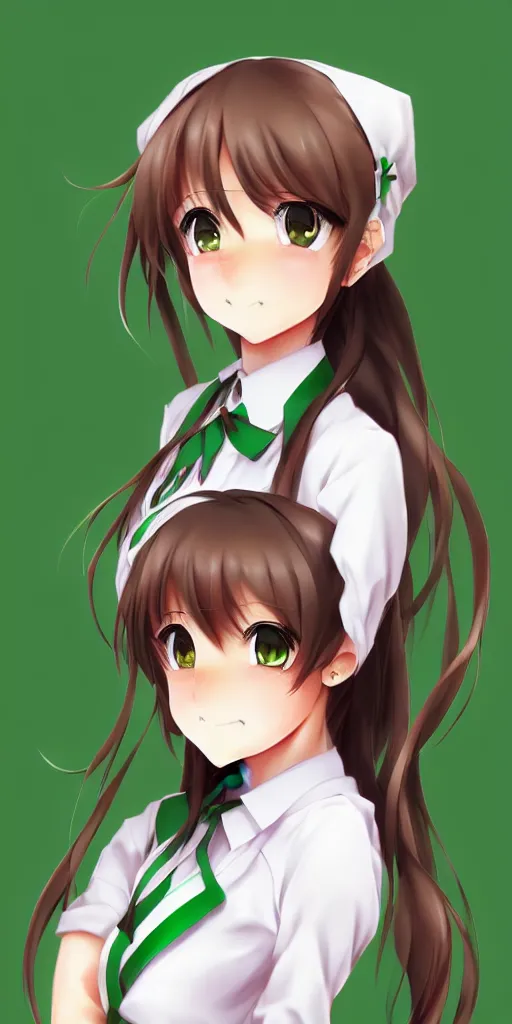 Prompt: beautiful anime high school girl, full body, brown hair, ponytail, white ribbon, green eyes, full perfect face, slightly smiling, detailed background, drawn by Artgerm, Sasoura, Satchely, no distorsion