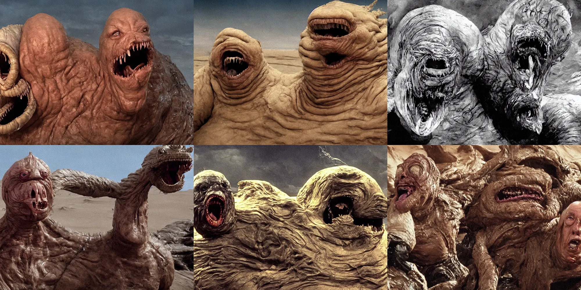 Prompt: cinematic movie still,!!!!!! donald trump face!!!!!!, ( ( dune sandworm with open jaw ) ), sweating, creature from john carpenter the thing, oozing bile, ( art direction by keith thompson and christopher lane )