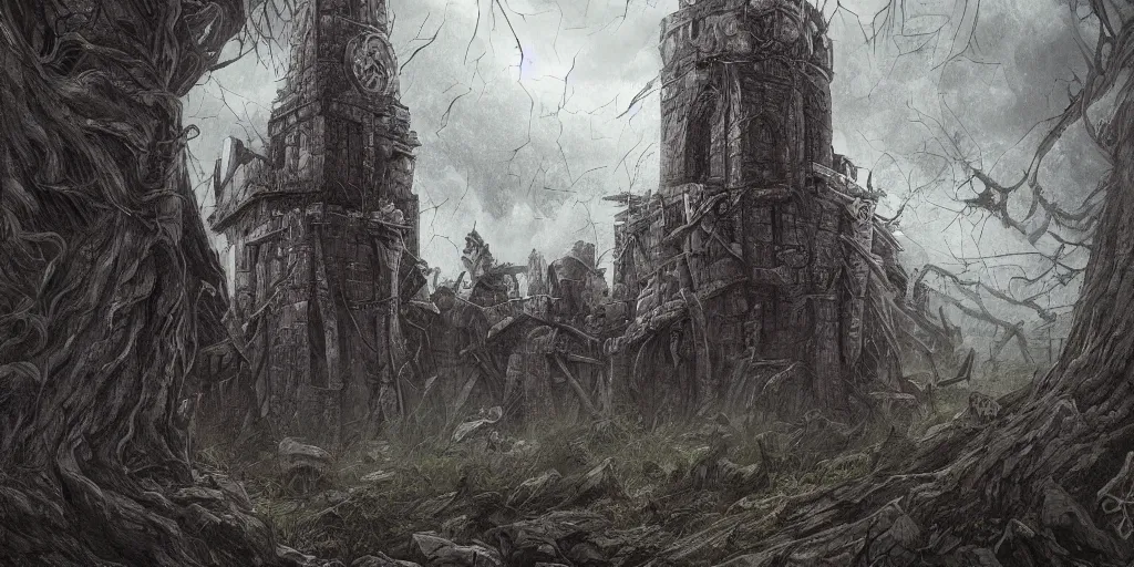 Prompt: an archaic tower looming over a grove of ancient trees, in the style of ayami kojima and kentaro miura, grim, thick mist, cracked walls, realistic digital painting, realistic colors, medieval, dark fantasy, very detailed