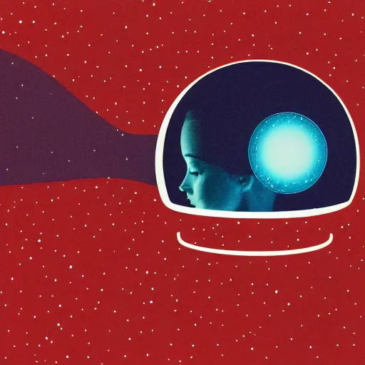 Prompt: analog portrait of a beautiful thin woman in a space helmet, stars and planets visible, warm azure tones, red color bleed, film grain