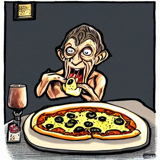 Prompt: a caricature drawing of gollum being eaten by a pizza