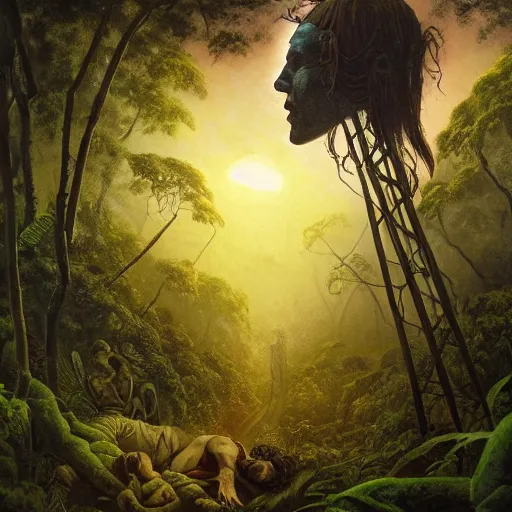 Prompt: giant statue of libertys head lying sideways on the ground reclaimed by the jungle .surrounded by tall vines in oversized misty jungle, moody sunset and dramatic sky , oil painting by frazetta, low angle, postapocalyptic, cinemascope panorama