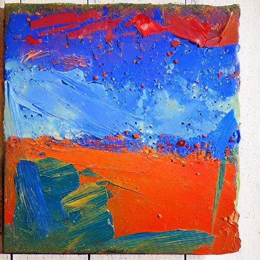 Image similar to oil paint impasto relief, italian blue mountain with fireworks, multi layered thick brush marks, some splattered paint, in the style of frank auerbach and monet and redon