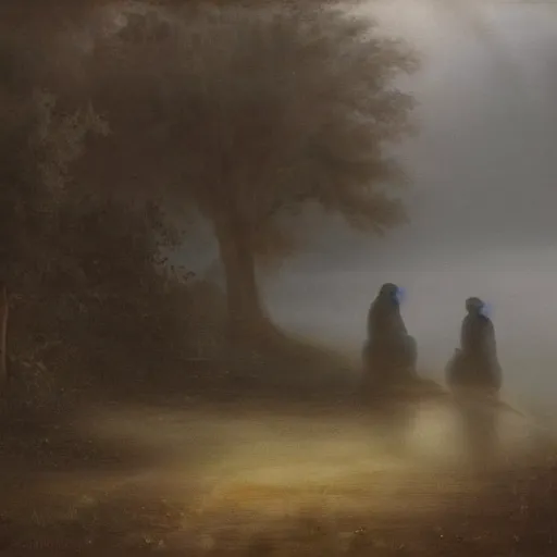 Image similar to beautiful misty landscape with dark figures playing cellos