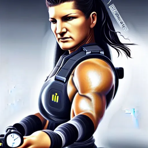 Image similar to beautiful digital painting of gina carano with a robotic arm, cyberpunk, highly detailed, hyperrealism, concept art